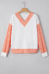 Chevron V Neck Drop Shoulder Striped Sleeve Colorblock Rib Hem Long Sleeve Top